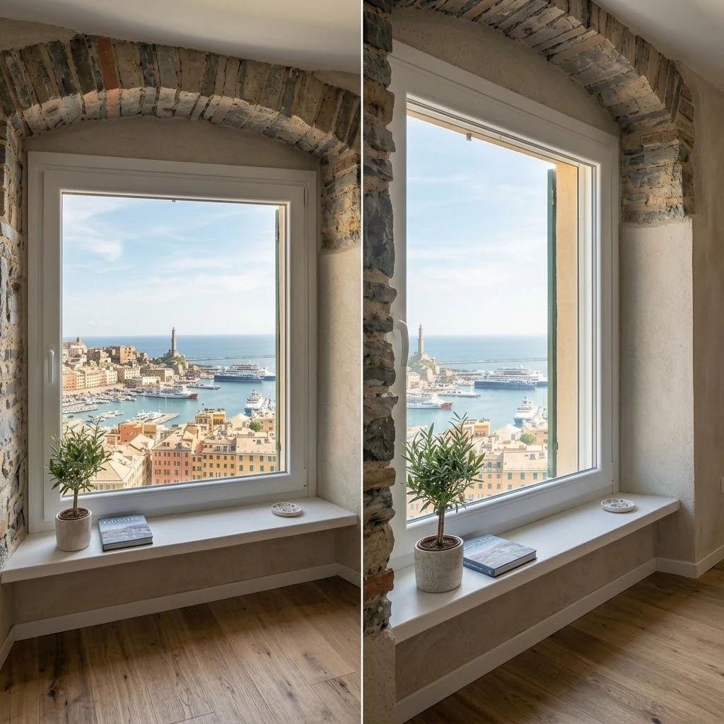 Finestra moderna in PVC bianco ad alta efficienza termica installata in una casa a Genova vista porto antico Dinegro stazione marittima