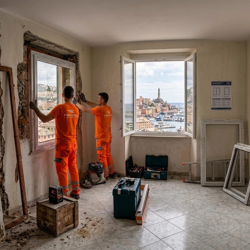 Installazione di nuovi serramenti e finestre in un appartamento a Genova con vista sulla città ligure