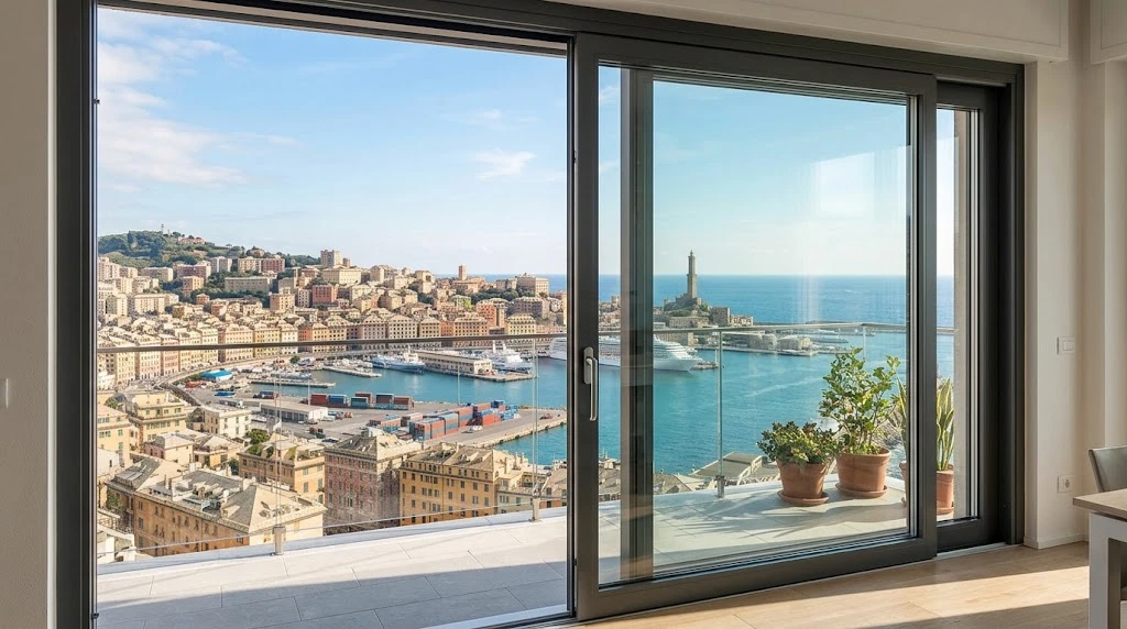 Grande alzante scorrevole vista mare su Genova in alluminio a taglio termico realizzato da FINMISTRAL Liguria e Provincia
