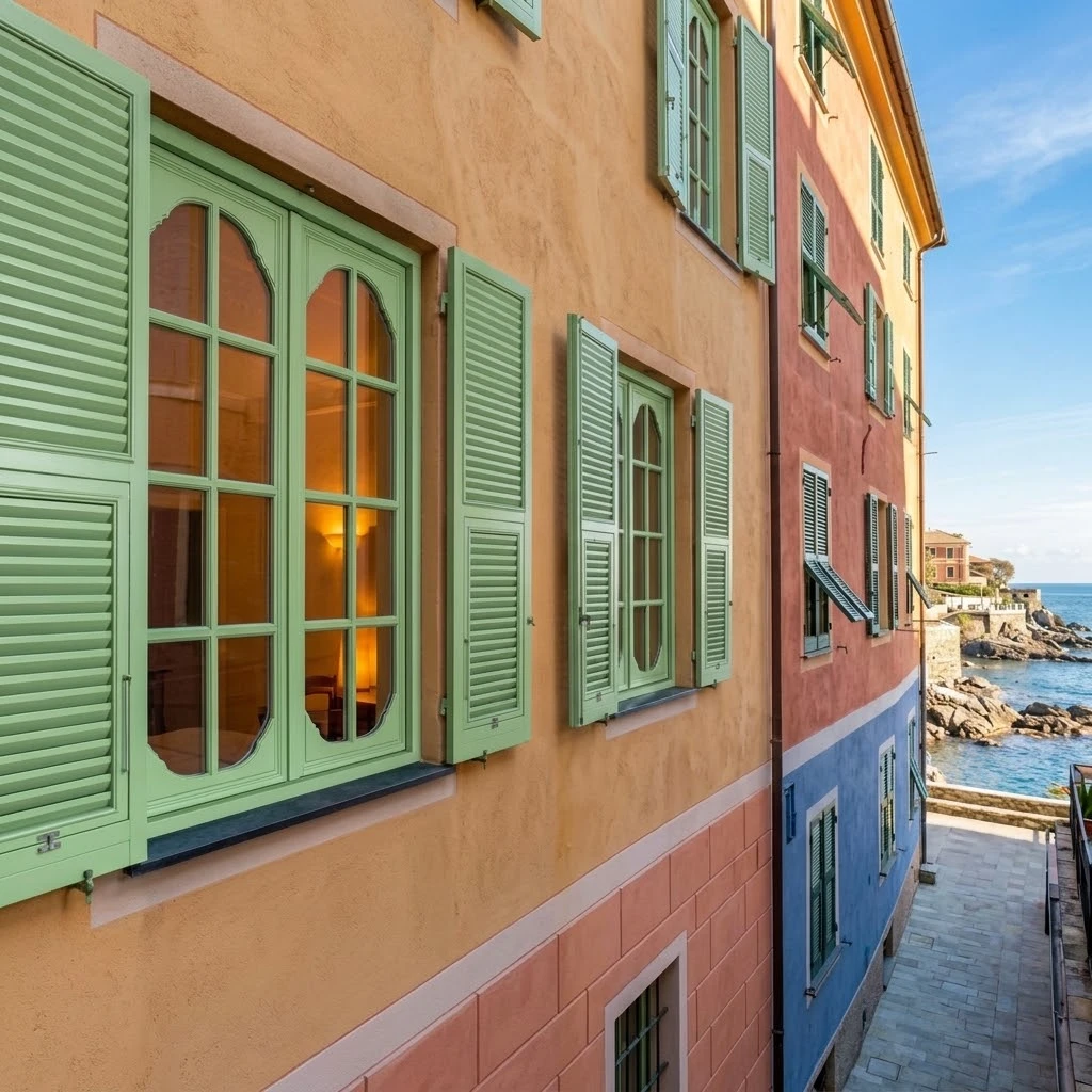 finestre e persiane di Legno sostituite a Genova in Corso Italia angolo Boccadasse Via Bruno nel quartiere di Albaro Medio Levante Liguria