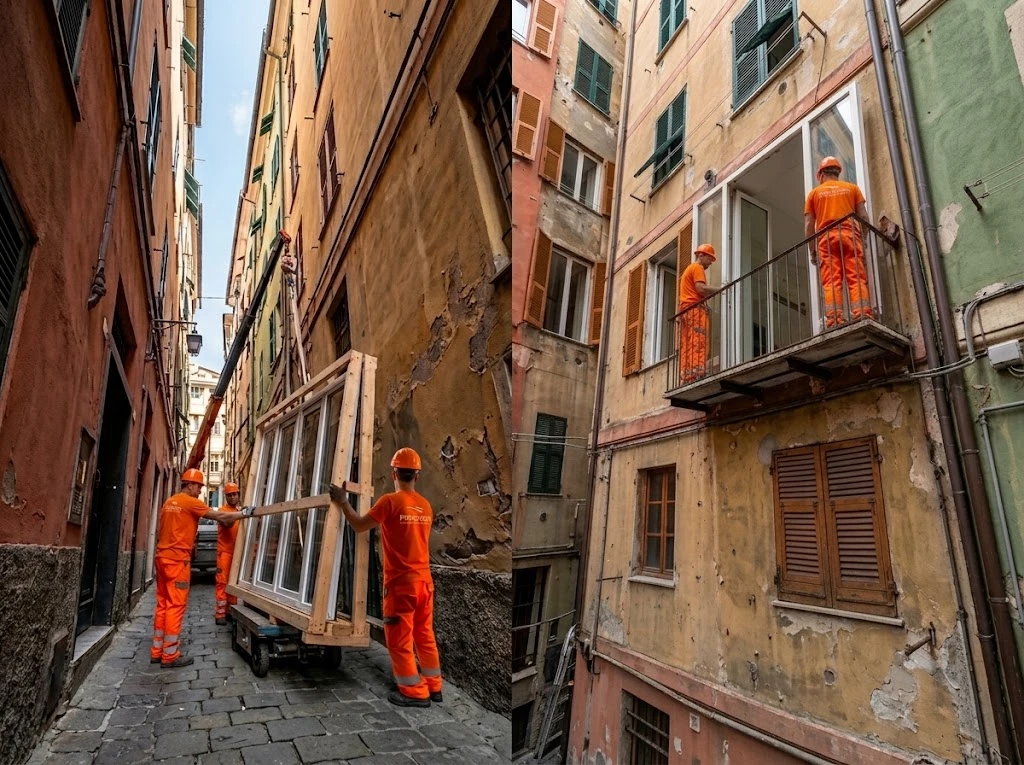 Autoscale e piattaforme aeree utilizzate per il montaggio e trasporto di finestre tipo loggia nei vicoli del centro storico di Genova.